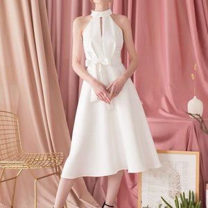 Formal White Midi Halter Dress
